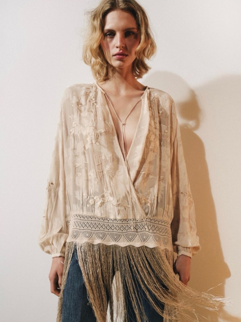 Zara boho chic fringe floral silky tunic top - NWT - Size L - style 6895/246/075